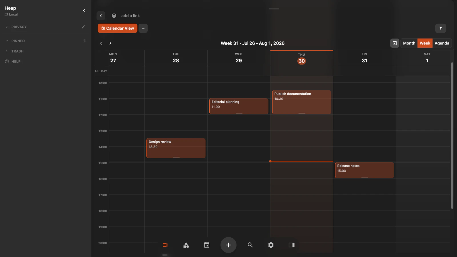 A Calendar view showing several timed events in Week mode