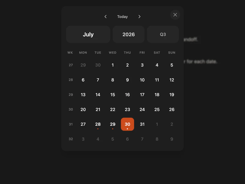 The mini calendar with today highlighted and dots marking existing daily notes