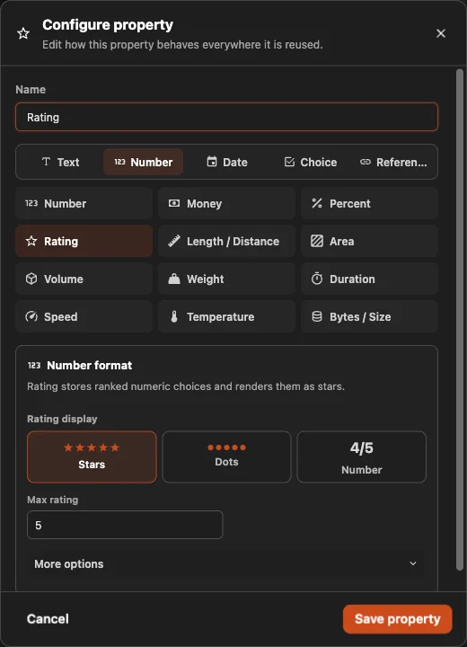 The reusable Rating property configured with a five-star display