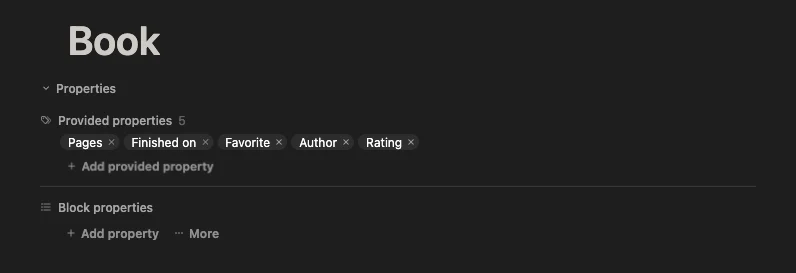 The Book tag configured to provide Author, Pages, Favorite, Rating, and Finished on
