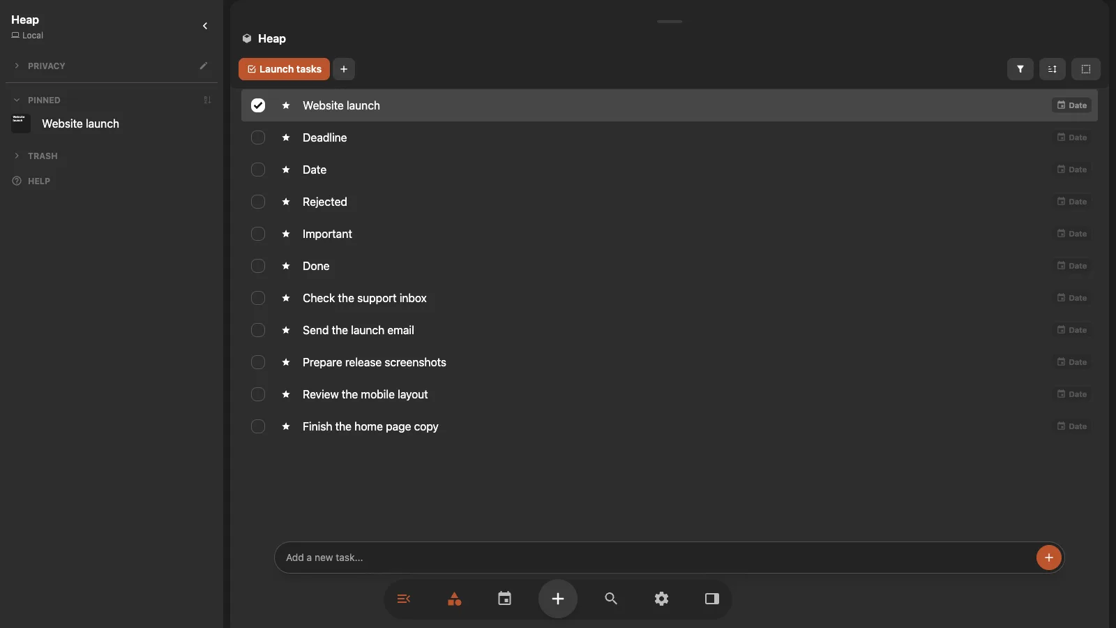 A project Tasks view with completion checkboxes, importance stars, date controls, and an Add task field